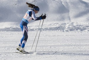 Alison Gourley of Canmore sprints coming in to the finish of the first leg of Sunday's relay. By Lyle Grisedale