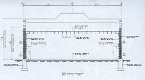 A sectional view of the Cranbrook Waterworks and Electrical Building showing details of roof support system and interior wall construction.  The plan was executed by Nelson Engineering.  Donations to secure the materials for roof and interior wall construction are now being solicited.