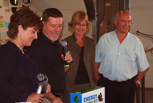 The Premier, left, took part in a demo of items that can be used to help reduce energy costs, along with Gary Hamer and Joanna Sofield of Hydro and Kootenay East MLA Bill Bennett.