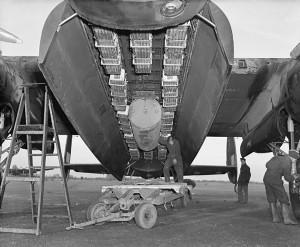 This photo shows the typical arrangement, the blockbuster bomb surrounded by rows of incendiaries, designed to start fires wherever they landed.