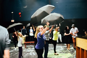 (L to R: Abby Lalach, Manon Metzger, Kelsey Thompson, Geneve Miller, Presley Armstrong and Noah Tonge rehearse Jolly Holiday).