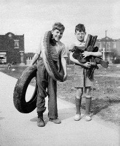 2. Boys collecting tires